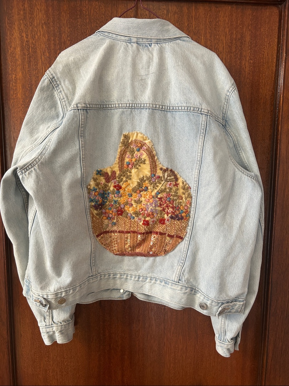 GAP Light Blue Embroidered Collar & floral basket on back of Denim Jacket